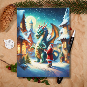 Cartão Postal De Festividades Papai Noel e Dragão no Polo Norte no Natal ai