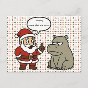 Cartão Postal De Festividades Papai Noel e Hipopótamo engraçados e fofos no Nata