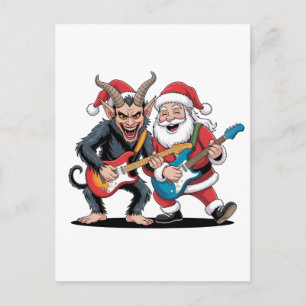 Cartão Postal De Festividades Papai Noel e Krampus Rock de Natal do Mal