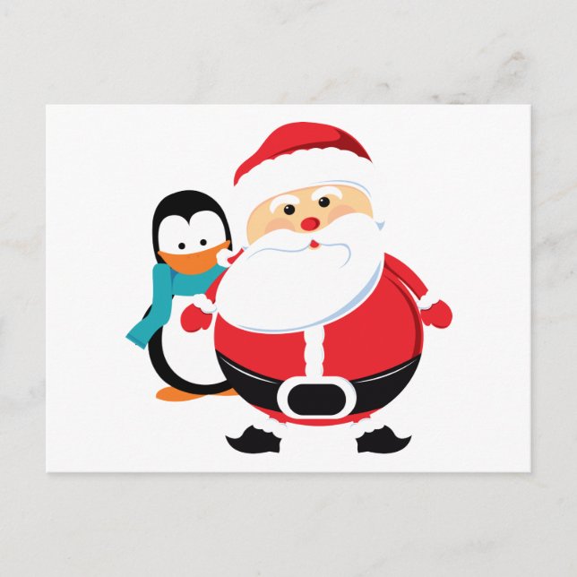 Cartão Postal De Festividades Papai Noel E Pinguim Bonitos (Frente)