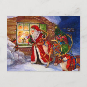 Cartão Postal De Festividades Papai Noel e Reindeer Natal