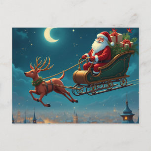 Cartão Postal De Festividades Papai Noel e renas