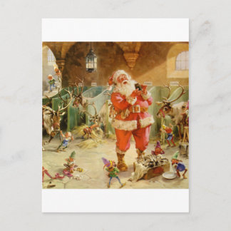Cartão Postal De Festividades Papai Noel e seus duendes no estábulo da rena