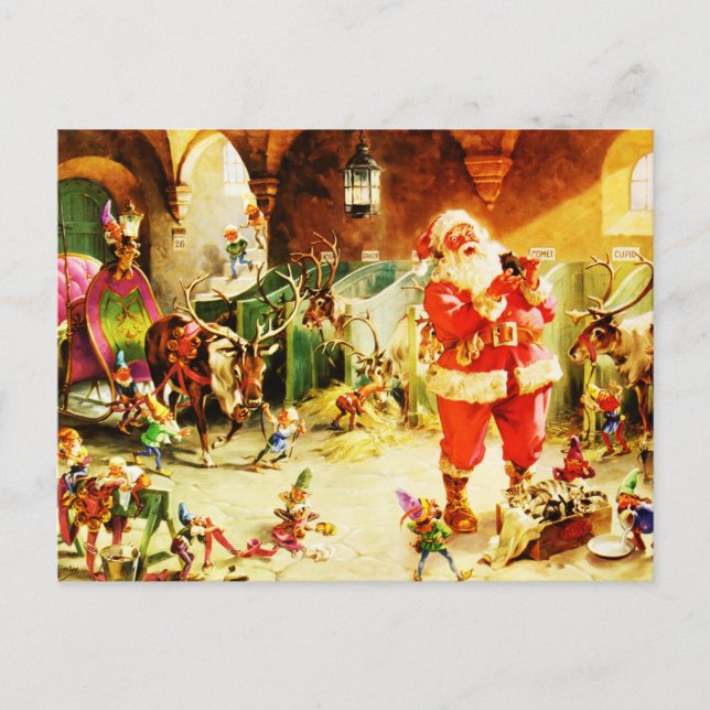 Cartão Postal De Festividades Papai noel e seus duendes nos estábulos do Pólo (Frente)