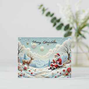 Cartão Postal De Festividades Papai Noel e seus renes em uma paisagem nevada