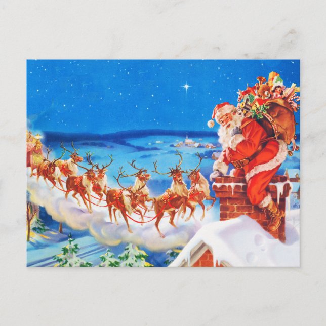 Cartão Postal De Festividades Papai Noel e sua Reindeer no Telhado (Frente)