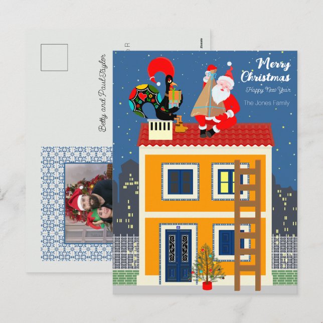 Cartão Postal De Festividades Papai Noel encontra o galo português (Frente/Verso)