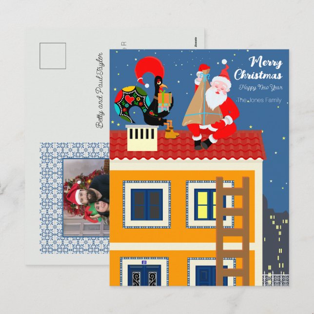 Cartão Postal De Festividades Papai Noel encontra o galo português (Frente/Verso)