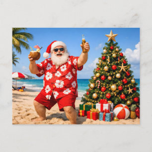 Cartão Postal De Festividades Papai Noel engraçado na ilha de praia tropical
