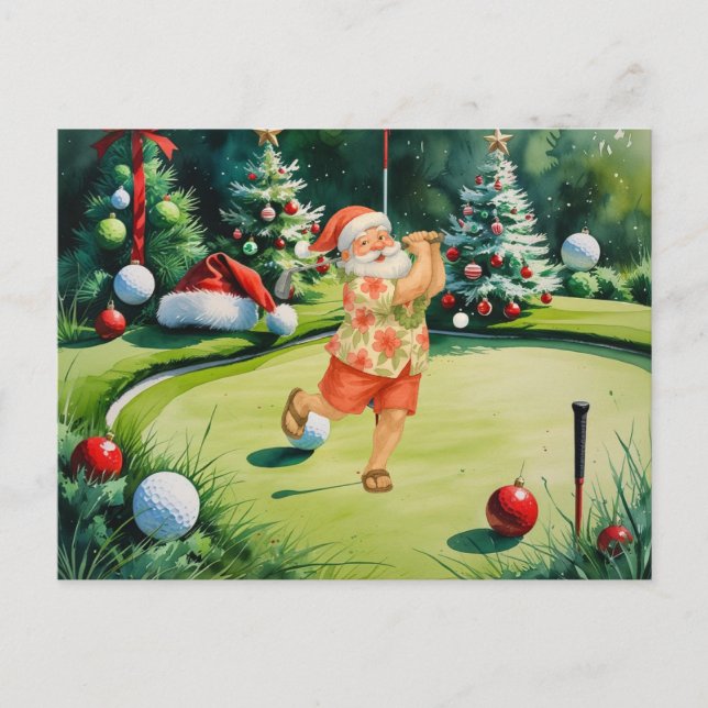 Cartão Postal De Festividades Papai Noel está jogando golfe em verde (Frente)