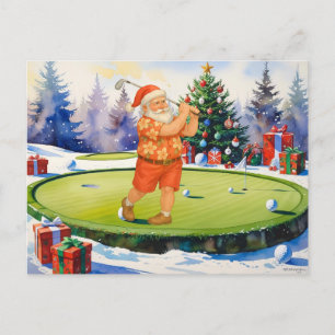 Cartão Postal De Festividades Papai Noel está jogando golfe em verde