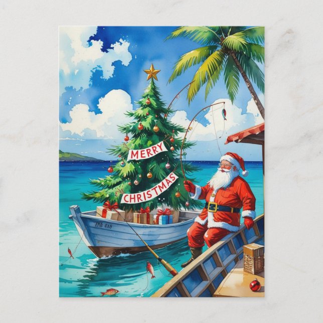 Cartão Postal De Festividades Papai Noel está pescando no feriado de Natal  (Frente)