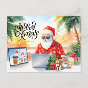 Cartão Postal De Festividades Papai Noel está trabalhando na linha no feriado de