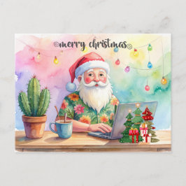Cartão Postal De Festividades Papai Noel está trabalhando na linha no feriado de