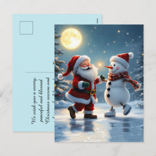 Cartão Postal De Festividades Papai Noel fofo e boneco de neve dançando no gelo
