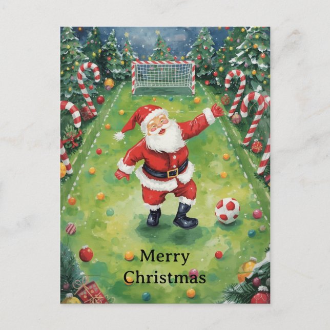 Cartão Postal De Festividades Papai Noel joga Futebol Férias de Natal  (Frente)