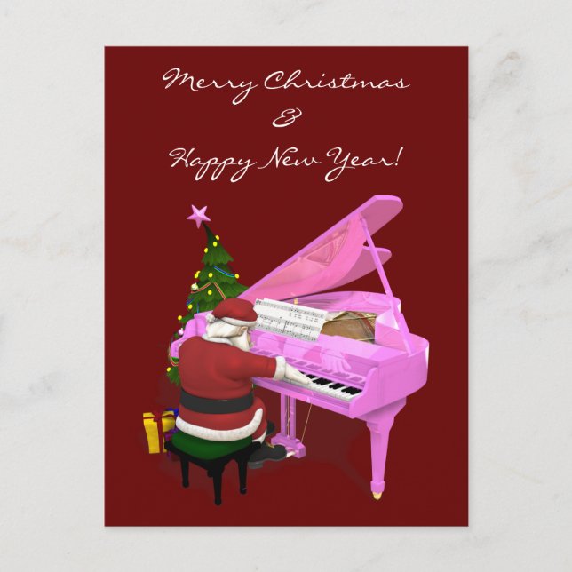 Cartão Postal De Festividades Papai Noel Joga Piano Rosa (Frente)