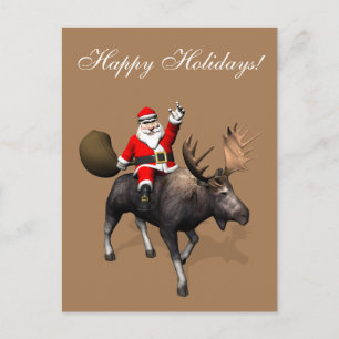 Cartão Postal De Festividades Papai Noel montado em alce