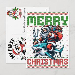 Cartão Postal De Festividades Papai Noel Montado em um Peixe de Água Doce Presen