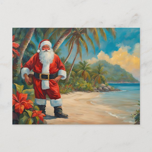 Cartão Postal De Festividades Papai Noel na praia tropical (Frente)