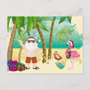 Cartão Postal De Festividades Papai noel, pássaros tropicais, Natal da praia da