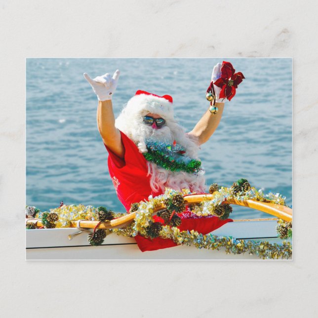 Cartão Postal De Festividades Papai noel que chega em uma canoa (Frente)