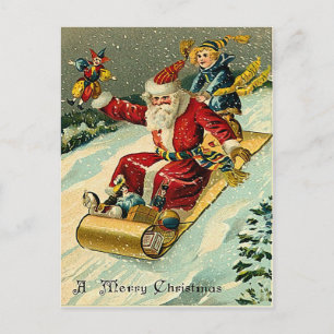 Cartão Postal De Festividades Papai noel que monta um tapete mágico dourado