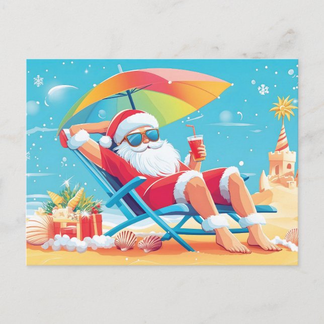 Cartão Postal De Festividades Papai Noel Relaxando em uma Praia Tropical Sunbed (Frente)