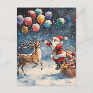 Cartão Postal De Festividades Papai Noel Rena de Aquarela Festiva Balão Colorido