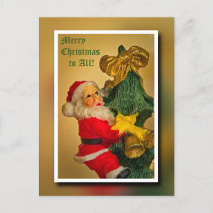 Cartão Postal De Festividades Papai Noel Subindo a Árvore de Natal - Vintage