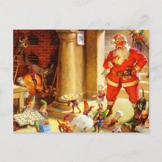 Cartão Postal De Festividades Papai Noel Supervisiona Os Elfos Fazendo Cookies