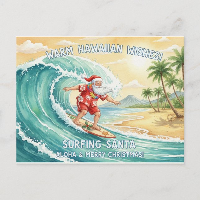 Cartão Postal De Festividades Papai Noel Surfando na Onda Gigante no Feriado do  (Frente)