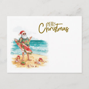 Cartão Postal De Festividades Papai Noel surfista celebrando o Natal na praia