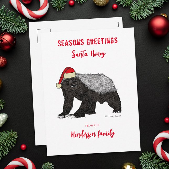 Cartão Postal De Festividades Papai Noel Texugo-Honesto Engraçadinho Personaliza (Personalized funny honey Badger Santa family name holiday greetings flat card badass christmas anima)