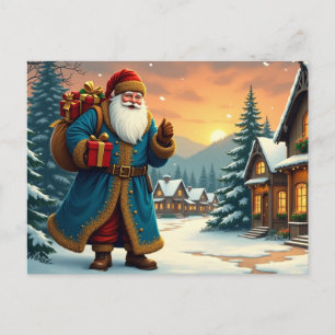Cartão Postal De Festividades Papai Noel Vintage com Presentes Visitando a Vila