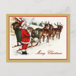 Cartão Postal De Festividades Papai Noel Vintage e Rena Feliz Natal 