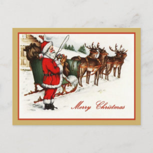 Cartão Postal De Festividades Papai Noel Vintage e Rena Feliz Natal