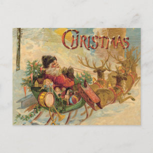 Cartão Postal De Festividades Papai Noel vintage em seu trenó de rena