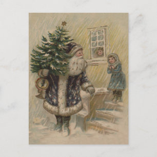 Cartão Postal De Festividades Papai Noel Vintage Neve Árvore de Natal
