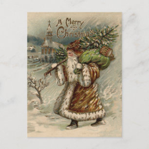 Cartão Postal De Festividades Papai Noel Vitoriano com Árvore de Natal