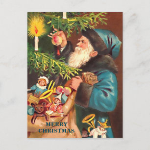Cartão Postal De Festividades Papais noeis Azuis Vintage Blue Suit & Black fur,