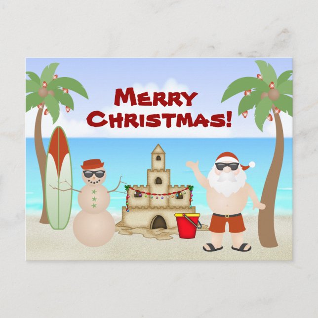 Cartão Postal De Festividades Papais noeis bonitos no Natal tropical de praia (Frente)