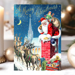 Cartão Postal De Festividades Papais noeis Chimney Reindeer Na Cena Dos Natais v<br><div class="desc">Mande cumprimentos festivos com este charmoso natal vintage postal com Papai Noel no topo de uma chaminé com sua rena e cheio de brinquedos. O clássico feriado, completo com fundo de neve e texto "Feliz Natal", evoca um sentimento nostálgico e encantador. Perfeito por compartilhar alegria de férias com amigos e...</div>