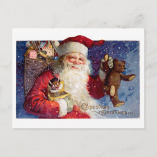 Cartão Postal De Festividades Papais noeis com Ursinho e Krampus em caixa