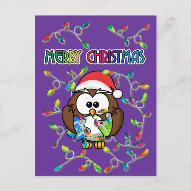 Cartão Postal De Festividades Papais noeis coruja e luzes de Natal (Frente)