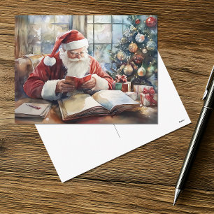 Cartão Postal De Festividades Papais noeis De Aquarela Verificando Sua Lista De