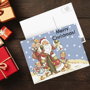 Cartão Postal De Festividades Papais noeis de arte popular Crianças Flocos de ne