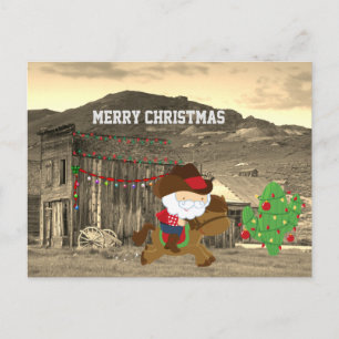 Cartão Postal De Festividades Papais noeis de cowboy girando cavalo no oeste do 