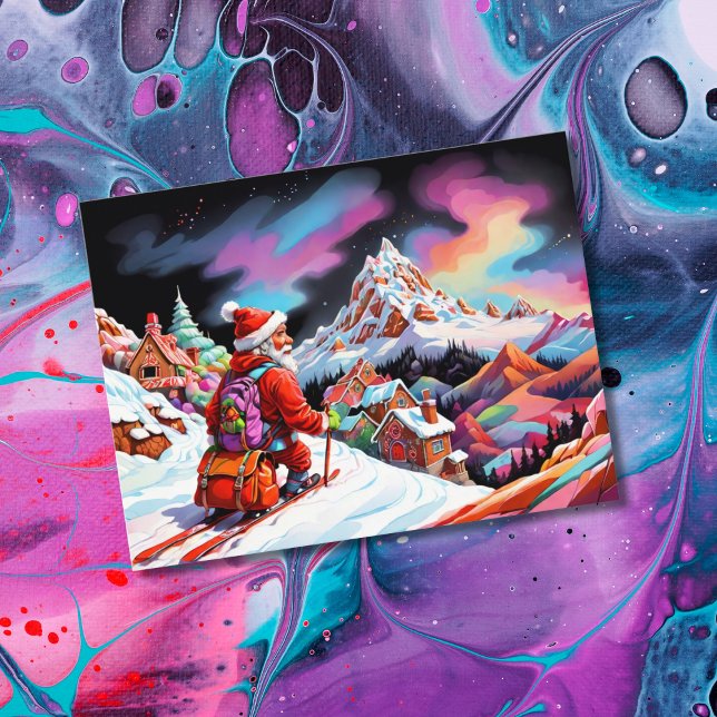 Cartão Postal De Festividades Papais noeis de esqui olhando para baixo no natal  (Criador carregado)