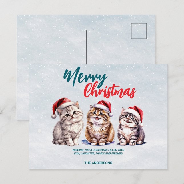 Cartão Postal De Festividades Papais noeis de gatinhos de aquarelas bonitas Feli (Frente/Verso)
